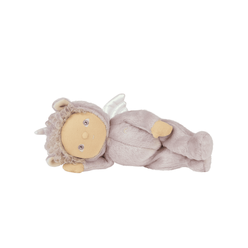 Dinky Dinkums Uma unicorn doll in a soft lilac outfit with curly hair and a horn lying on her side for imaginative play