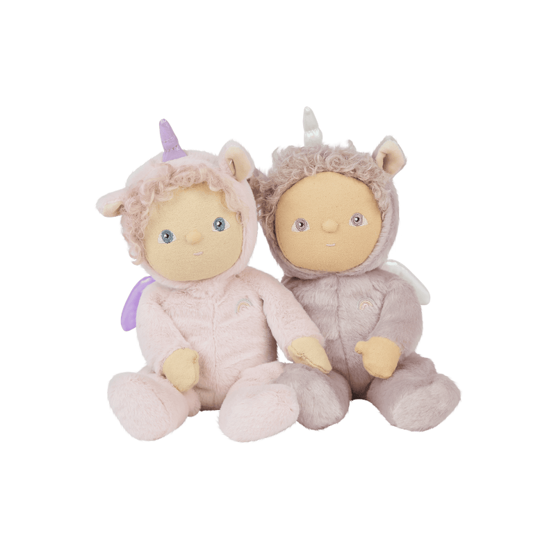 Two soft Dinky Dinkums unicorn dolls sitting together in lilac and taupe plush outfits with curly hair and shimmering horns perfect for imaginative play and gifting