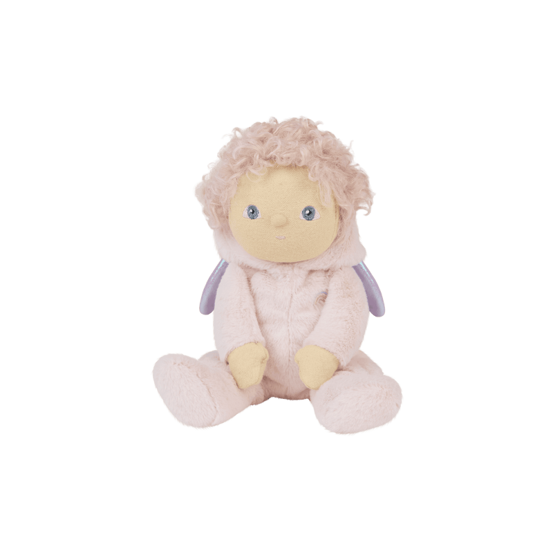 Dinky Dinkums Una plush doll in a soft pink furry outfit with curly hair lavender wings and a sweet embroidered face