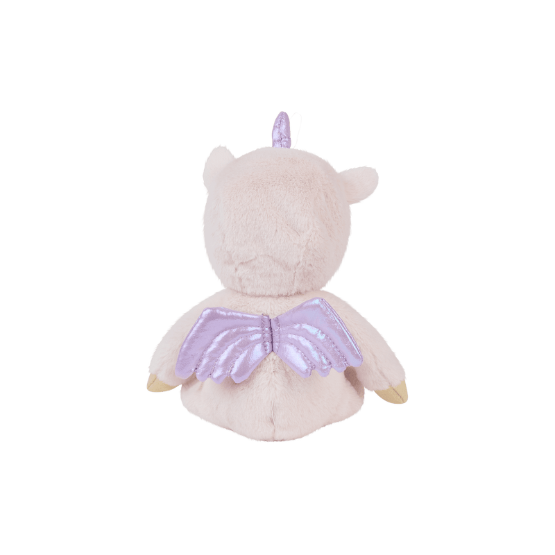 Dinky Dinkums Una Unicorn plush doll shown from behind with a soft cream body lavender wings and a small horn for imaginative play