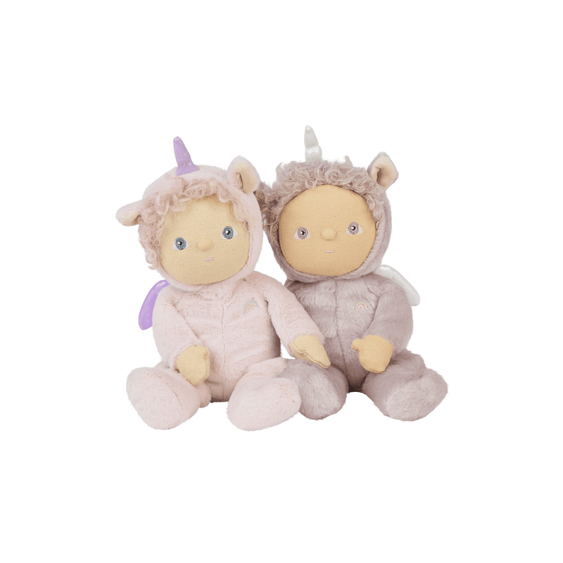Two soft Dinky Dinkums unicorn dolls in pink and grey plush outfits sitting side by side with horn details and friendly embroidered faces