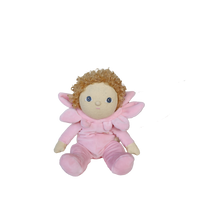 Plush toy fairy with pink outfit and curly hair on a white background