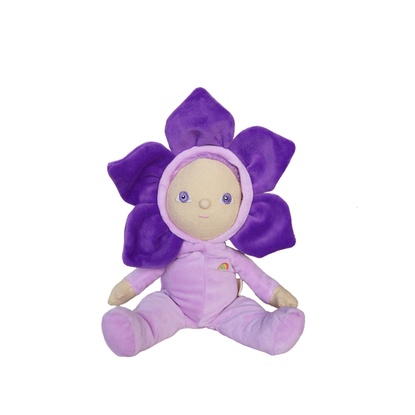 Purple plush toy with flower-like design on a white background