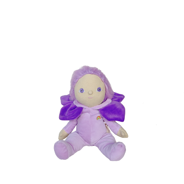 Purple plush toy with a bow on a white background