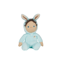 Dinky Dinkums soft toy bunny doll in a pale blue hooded outfit with floppy ears curly hair blue eyes and a tiny rainbow detail for imaginative play