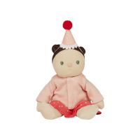 cute sitting doll with hat in a pink cardigan and spot dress