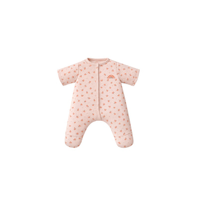 Peach floral one piece pajamas for Dinkum Dolls with short sleeves and a sweet rainbow detail from Dinkum Dolls by Olli Ella