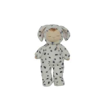 Cozy Dinkums spotted dog plush doll in a soft white onesie with floppy ears and closed embroidered eyes on a plain background