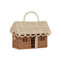 Rattan gingerbread house clutch with a sturdy handle woven roof scalloped trim and front door for imaginative pretend play by Olli Ella