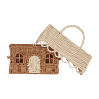 Rattan Gingerbread Casa Clutch styled as a woven gingerbread house with a cream roof flap and sturdy handle for imaginative play and carrying treasures insalt?