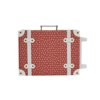 Sweetheart red children's suitcase with a tiny heart pattern white straps corner details and a top handle by Olli Ella Kids