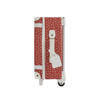 Sweetheart red children’s suitcase with playful heart pattern white trim luggage tag and wheels from Olli Ella Kids