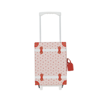 Olli Ella Kids strawberry print suitcase with telescopic handle wheels and leather style straps for children’s travel and sleepovers