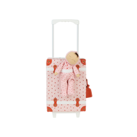 Pink strawberry print children's suitcase with a telescoping handle and wheels featuring a soft doll in pink clothing and a matching red luggage tag by Olli Ella Kids