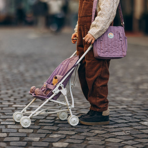 Olli Ella purple doll pram for kids toys. Play with our posable dinkum dolls and teddies for kids doll play.