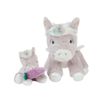 Dinkum Pets plush unicorns playing with a purple magnetic carrot accessory for imaginative snacking and open ended play