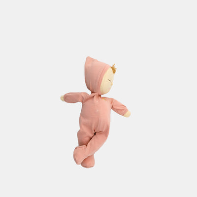 Dozy Dinkums Moppet soft cotton baby doll in a pink hooded outfit with a sweet embroidered face and posable limbs for cuddles and imaginative play