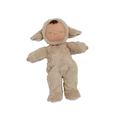 Soft beige lamb doll with floppy ears embroidered sleepy face and plush textured body from Cozy Dinkums designed for cuddles imaginative play and newborn gifting