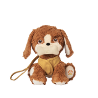 Dinkum Pets Buddy plush dog toy with floppy ears cream muzzle brown fur mustard harness leash and a paw decorated with a colourful bone motif