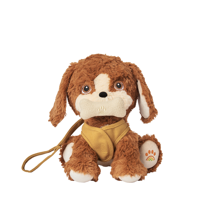 Dinkum Pets Buddy plush dog toy with floppy ears cream muzzle brown fur mustard harness leash and a paw decorated with a colourful bone motif