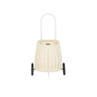 Chalk rattan toddler luggy basket with tall loop handle and two wheels by Olli Ella for imaginative play and carrying toys or treasures
