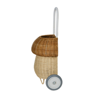 Olli Ella Kids Rattan two tone natural mushroom Luggy basket with woven rattan body curved handle and sturdy wheels for imaginative play