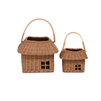 Olli Ella rattan house baskets in two sizes with sturdy woven handles open windows and textured wicker designs for imaginative play and storage