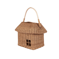 Olli Ella Kids Rattan house-shaped basket with a woven roof carry handle and sweet opening windows for imaginative play and storage
