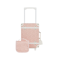 Pink floral wash bag with a white handle shown beside a matching wheeled suitcase for children’s travel by Olli Ella Kids